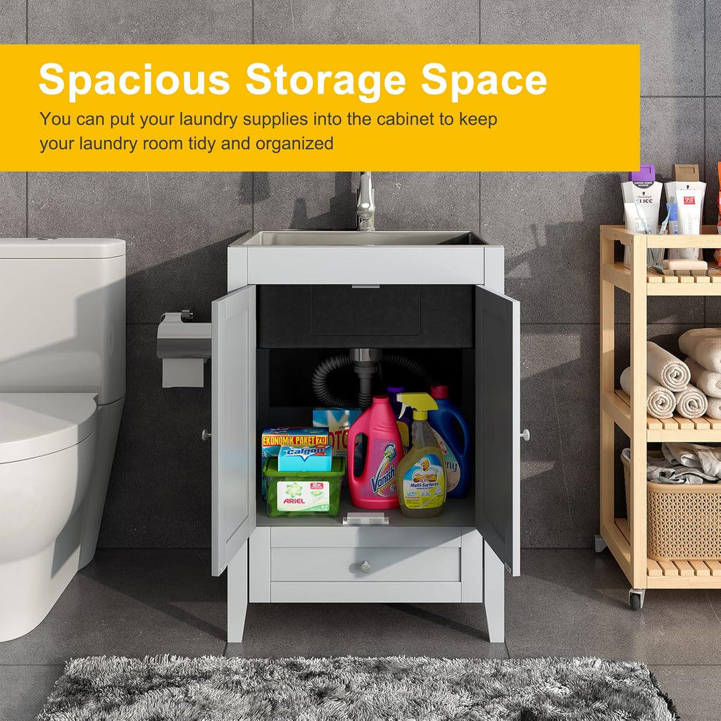 24-Inch Laundry Cabinet with Sink Grey Cabinet with Drawer Stainless Steel Sink Faucet Combo C73880