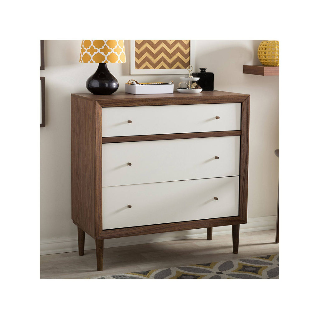White and Walnut Wood 3-Drawer Chest K7886