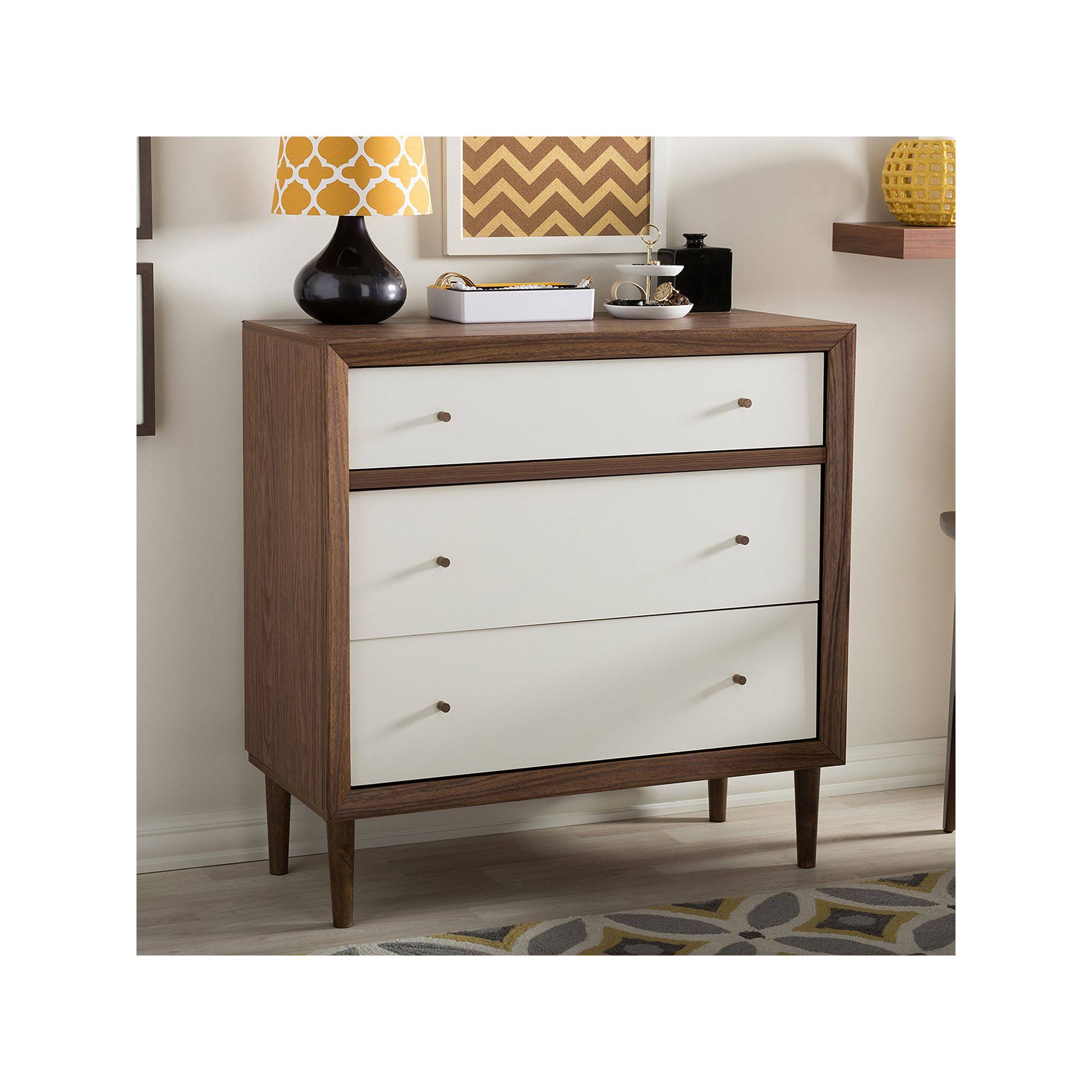 White and Walnut Wood 3-Drawer Chest K7886