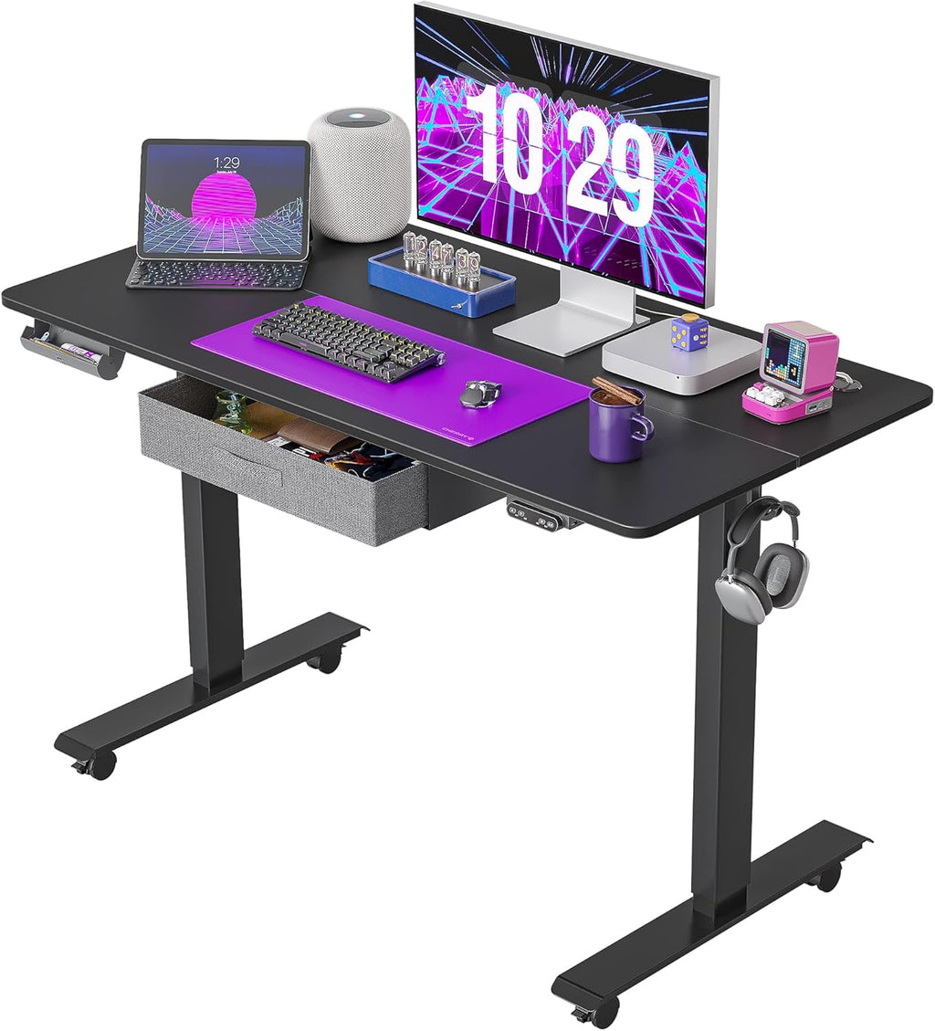 Adjustable Height Electric Standing Desk with Drawer, 55 x 24 Inches Black Steel Frame/Rustic Brown Tabletop X933012