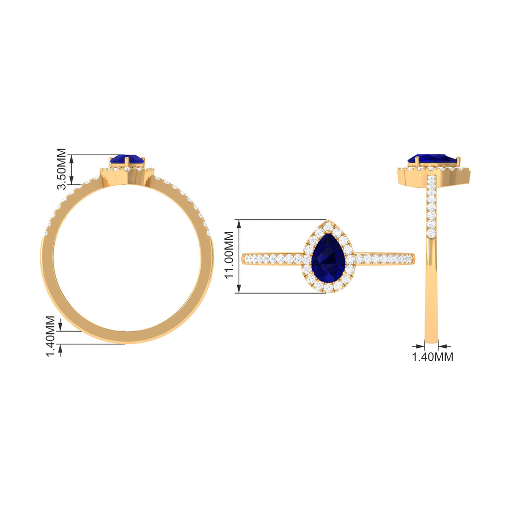 Pear Cut Blue Sapphire Teardrop Ring with Diamond Halo, 925 Sterling Silver, US 8.00 E38289