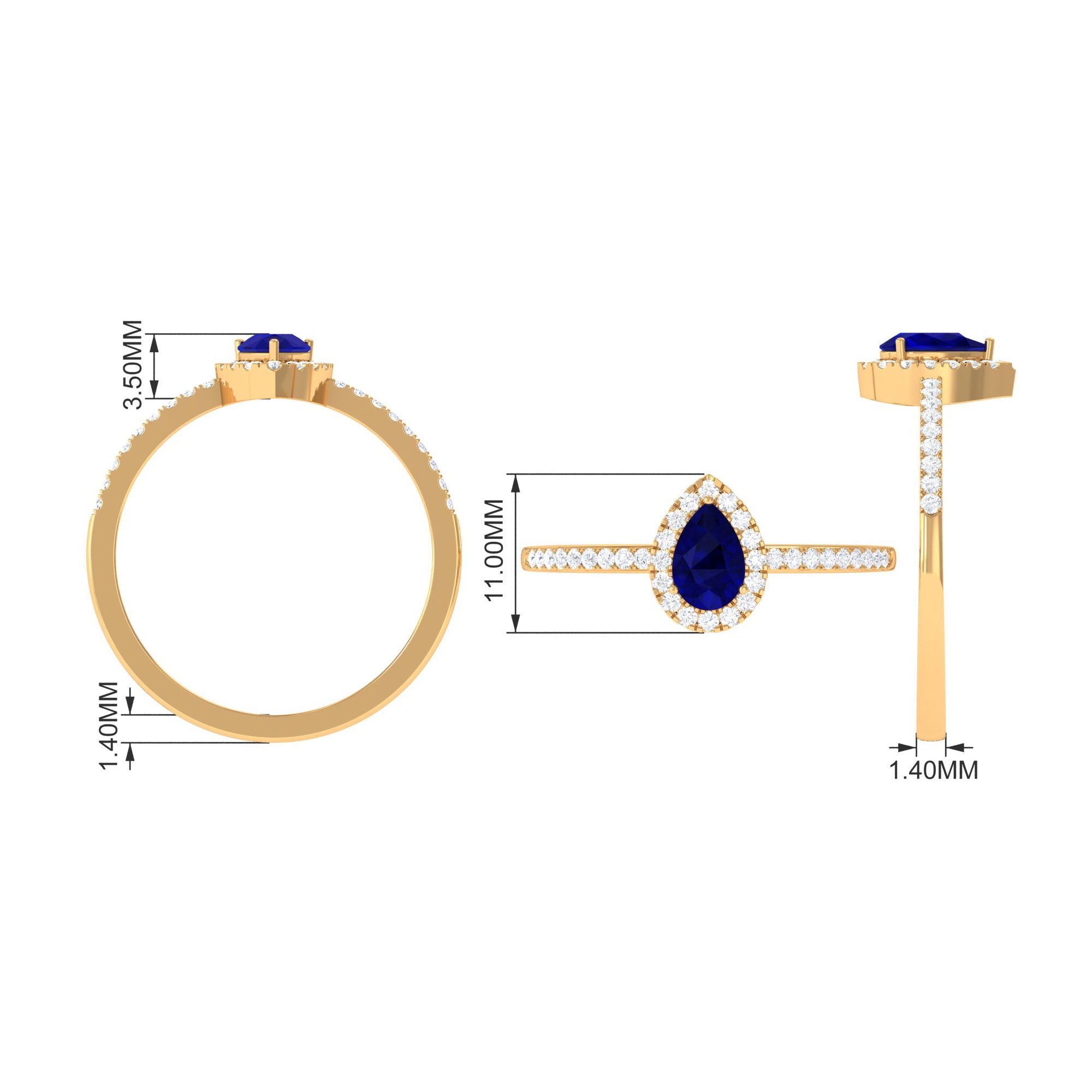 Pear Cut Blue Sapphire Teardrop Ring with Diamond Halo, 925 Sterling Silver, US 8.00 E38289