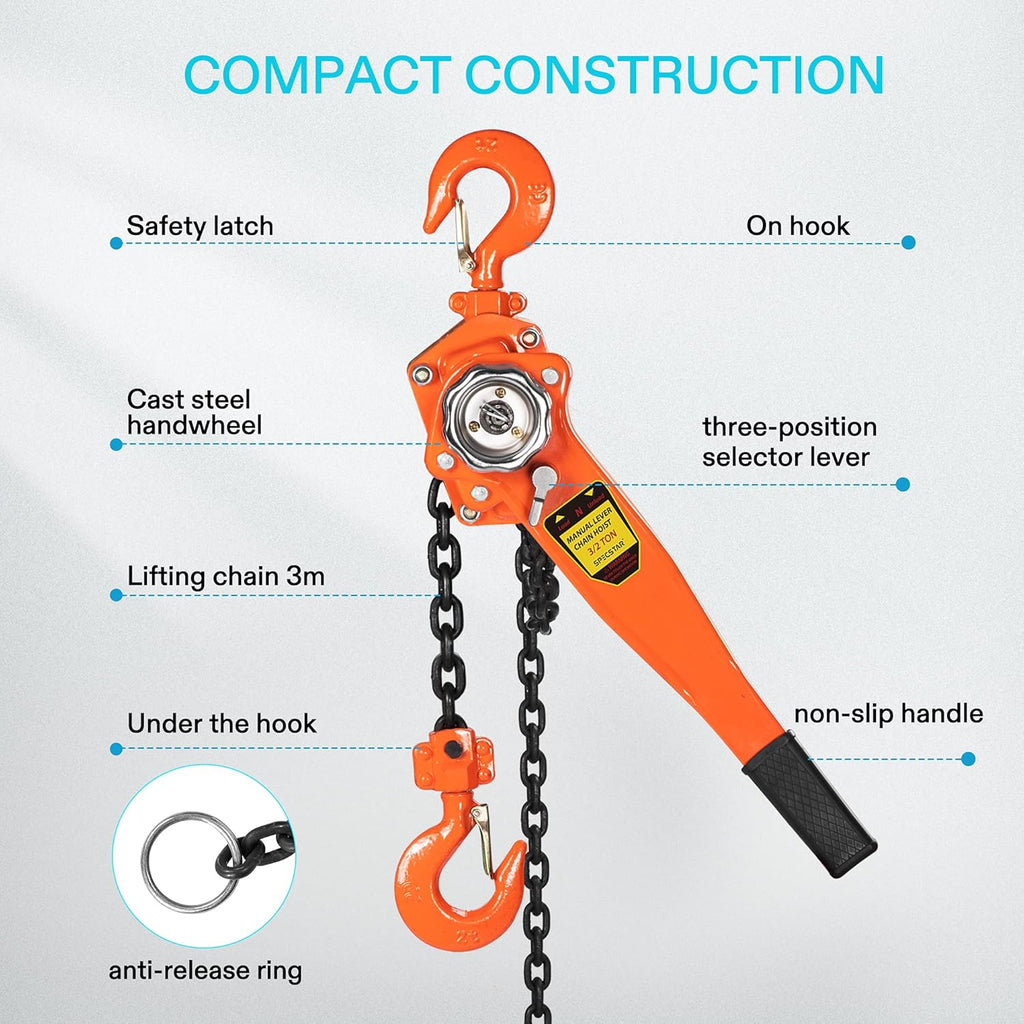 Lever Chain Hoist 1-1/2 Ton Capacity 10 Feet with 2 Hooks F7649