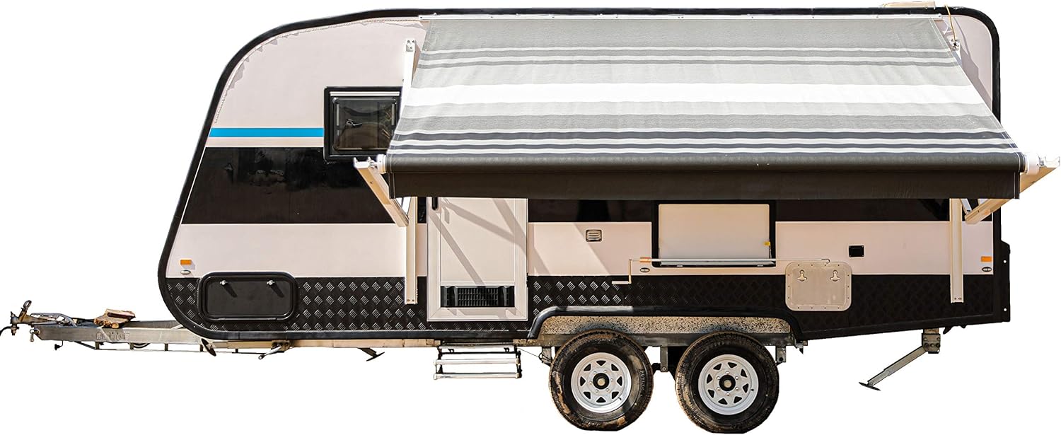 Motorized Retractable RV Trailer Awning 10x8 Ft Blue Stripes Y984091