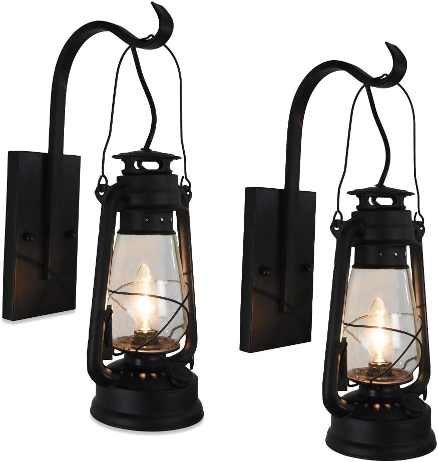 Set of 2 Pack Black Lantern Wall Sconce Hurricane Glass U6544