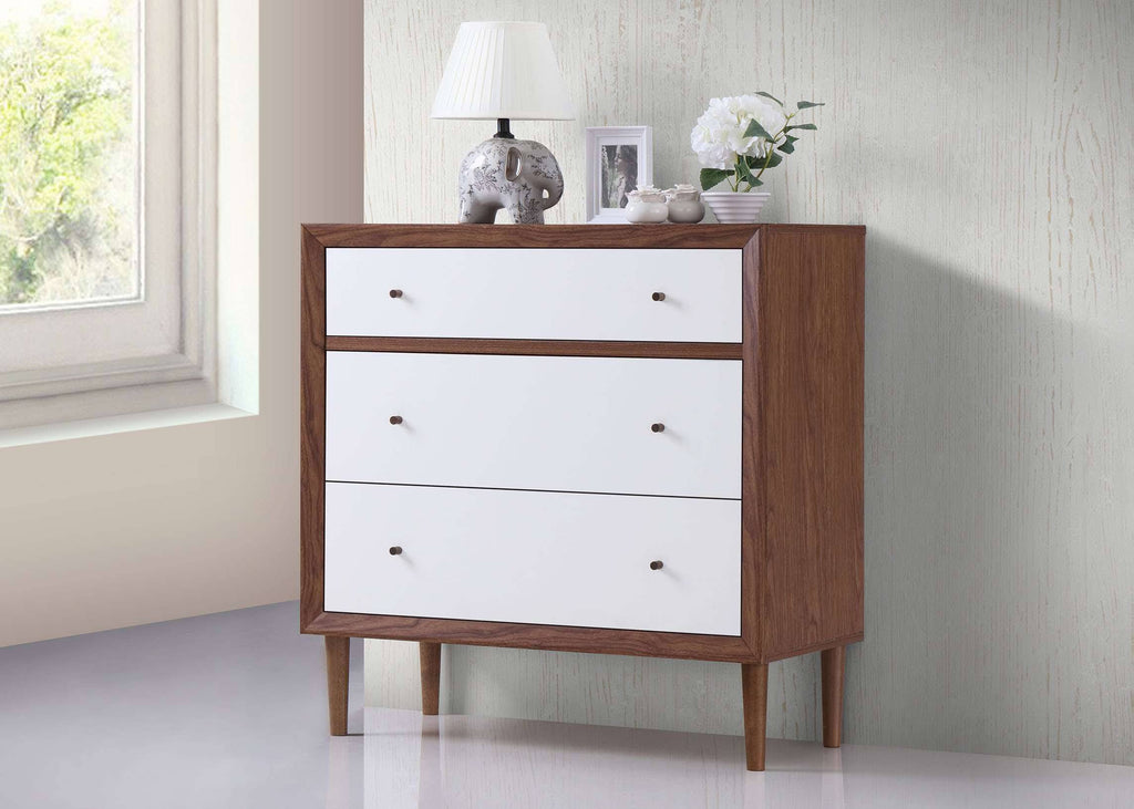White and Walnut Wood 3-Drawer Chest K7886