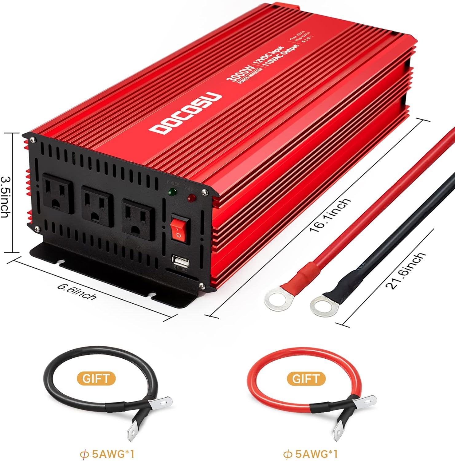 3000W Power Inverter with Dual AC Outlets & USB Port, DC12 to 24V, Modified Sine Wave G979751