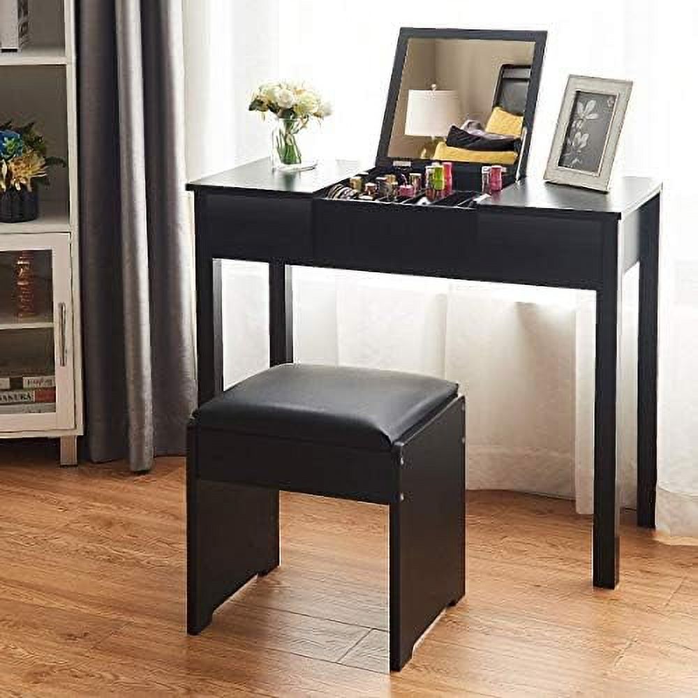 Black Vanity Set with Flip Top Mirror and Cushioned Stool Z708