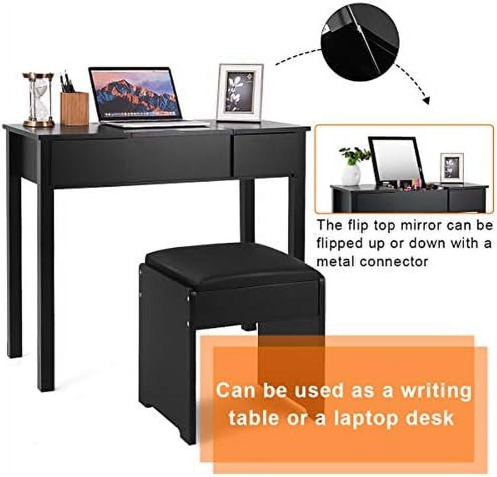 Black Vanity Set with Flip Top Mirror and Cushioned Stool Z708