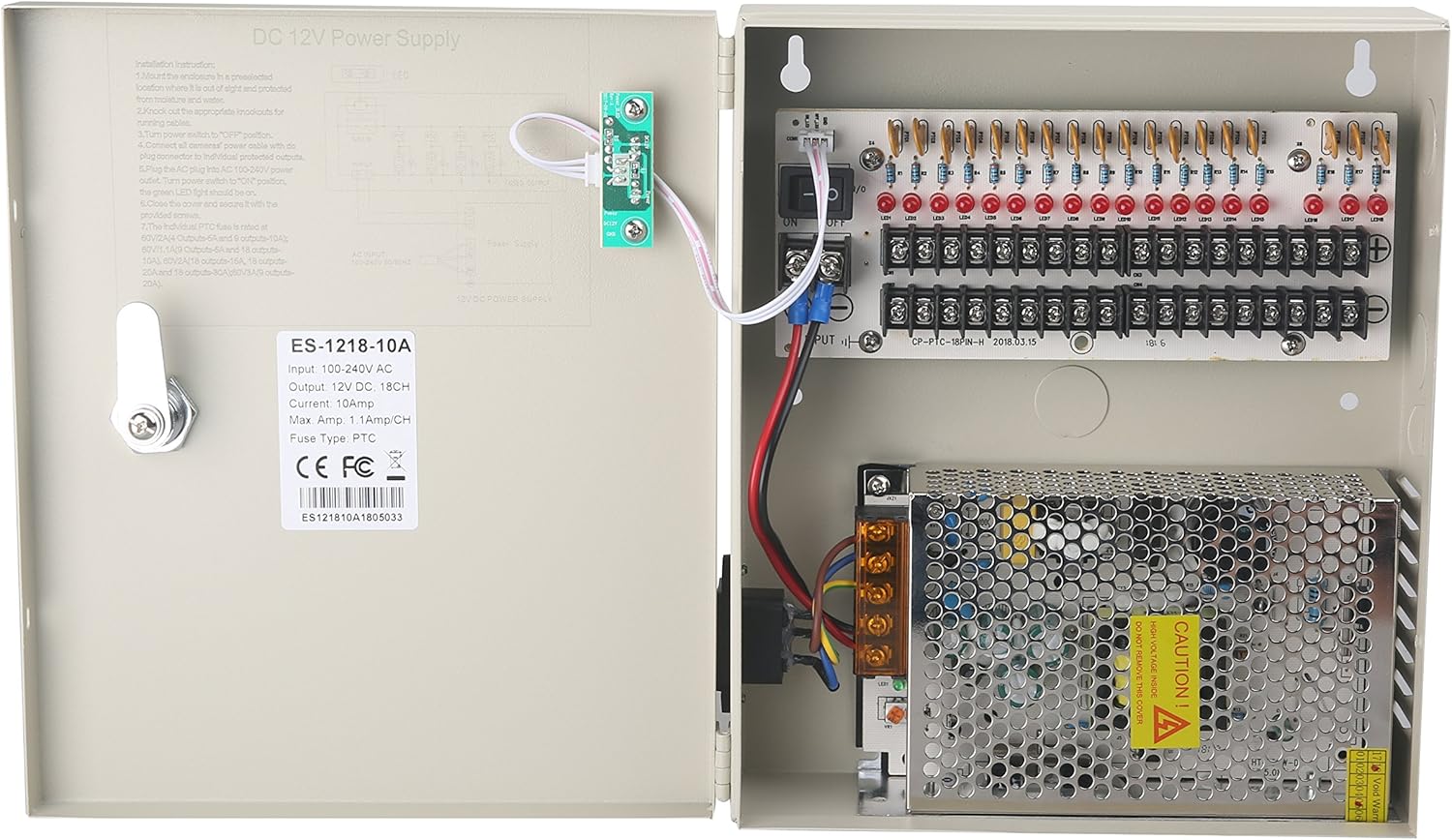 18 Channel DC12V 20 Amp Reset Fuse CCTV Power Box with AC Plug and Lock D63539