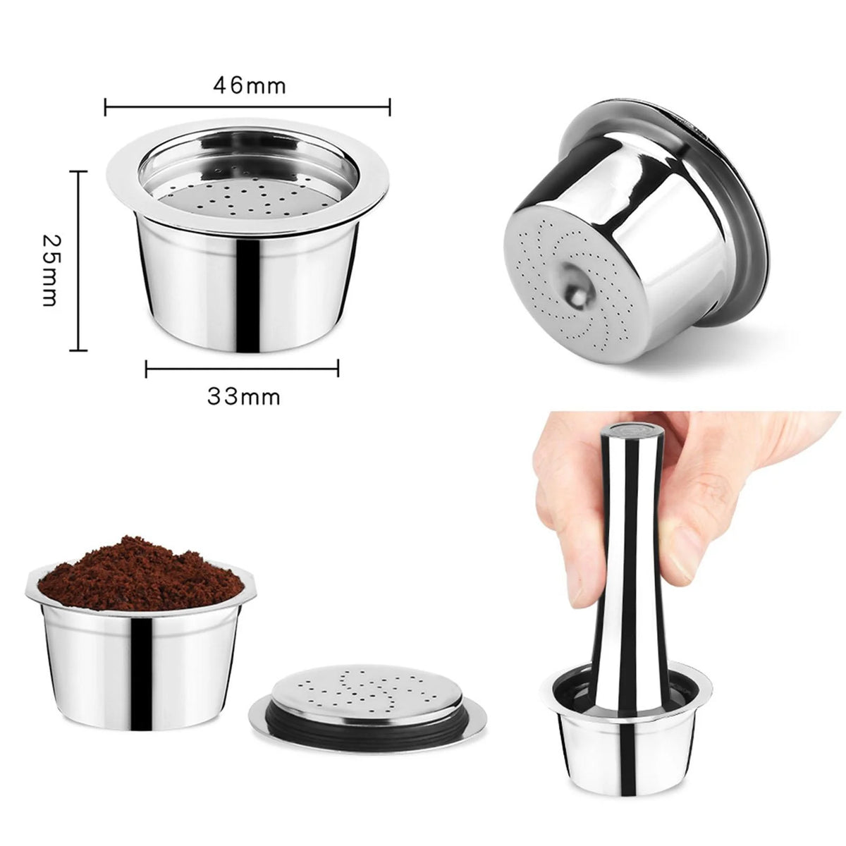 Stainless Steel Reusable Coffee Capsule with Spoon and Brush, 4Pcs Set Y27039