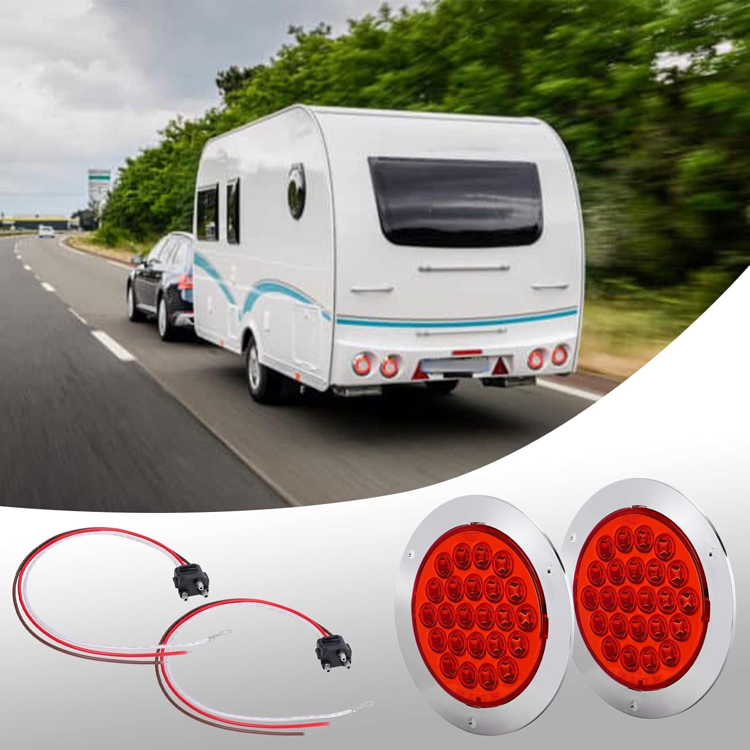 Red 4 Inch 24 LED Trailer Tail Lights, 12V IP65 Waterproof, 4 Pcs S13177