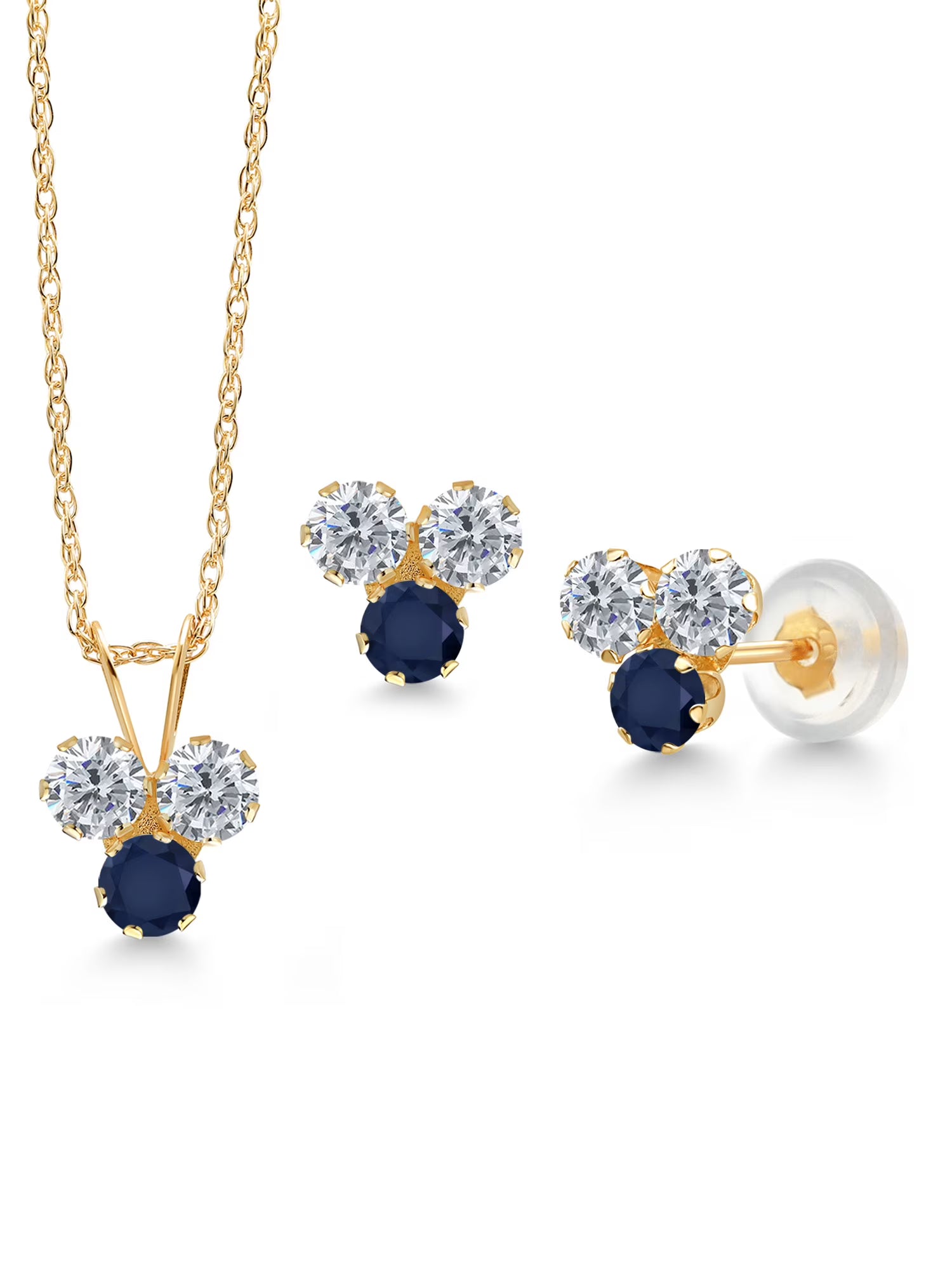 14K Yellow Gold White Diamond and Blue Sapphire 3 Stone Pendant and Earrings Jewelry Set P49906