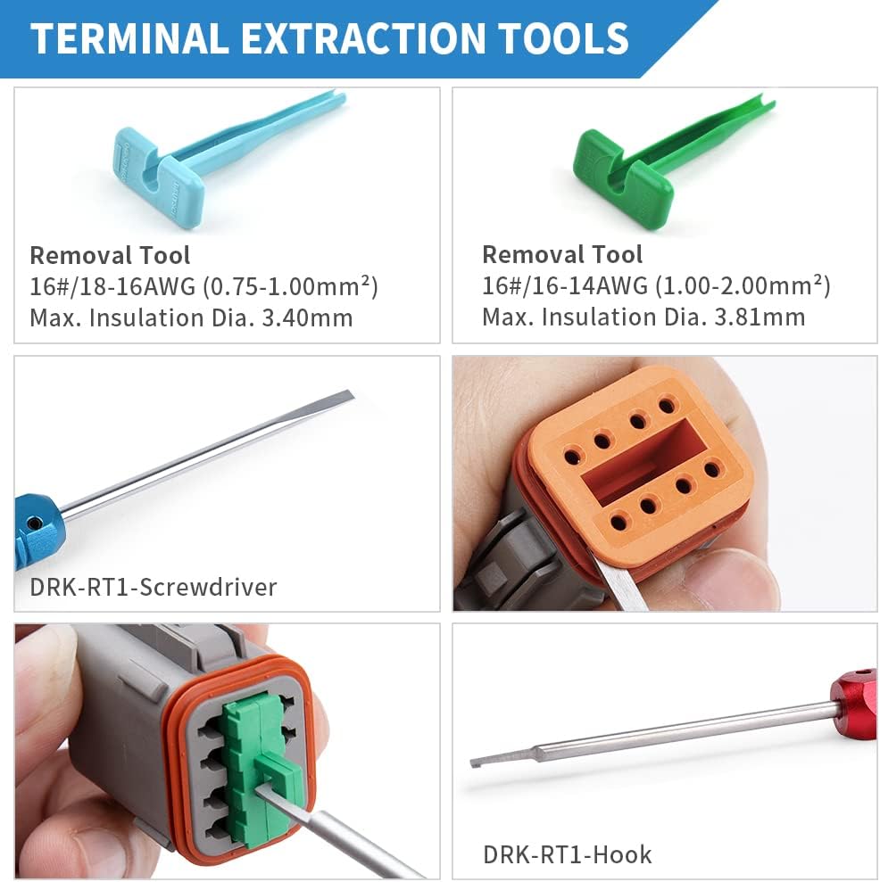 DEUTSCH DT Connector Kit, 12 Sets 2 Pin Connector, 132 Sets Size 16 Stamped Formed Contacts, Wedgelock & Pin Extraction Tools N34815