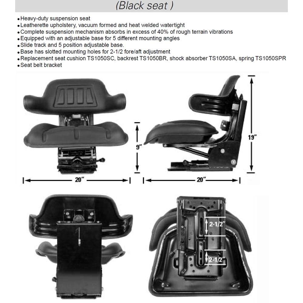 Black Universal Tractor Seat with Full Suspension and Adjustable Angle Base F850