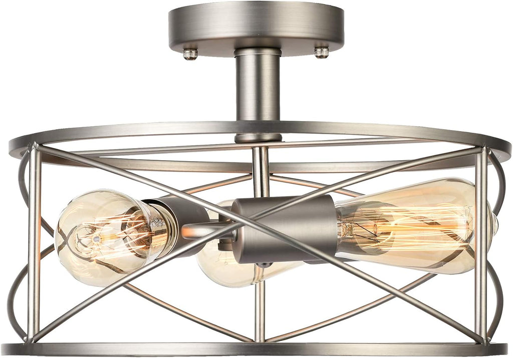 Industrial 3-Light Semi-Flush Mount Ceiling Light with Metal Cage (Brushed Nickel) W470164