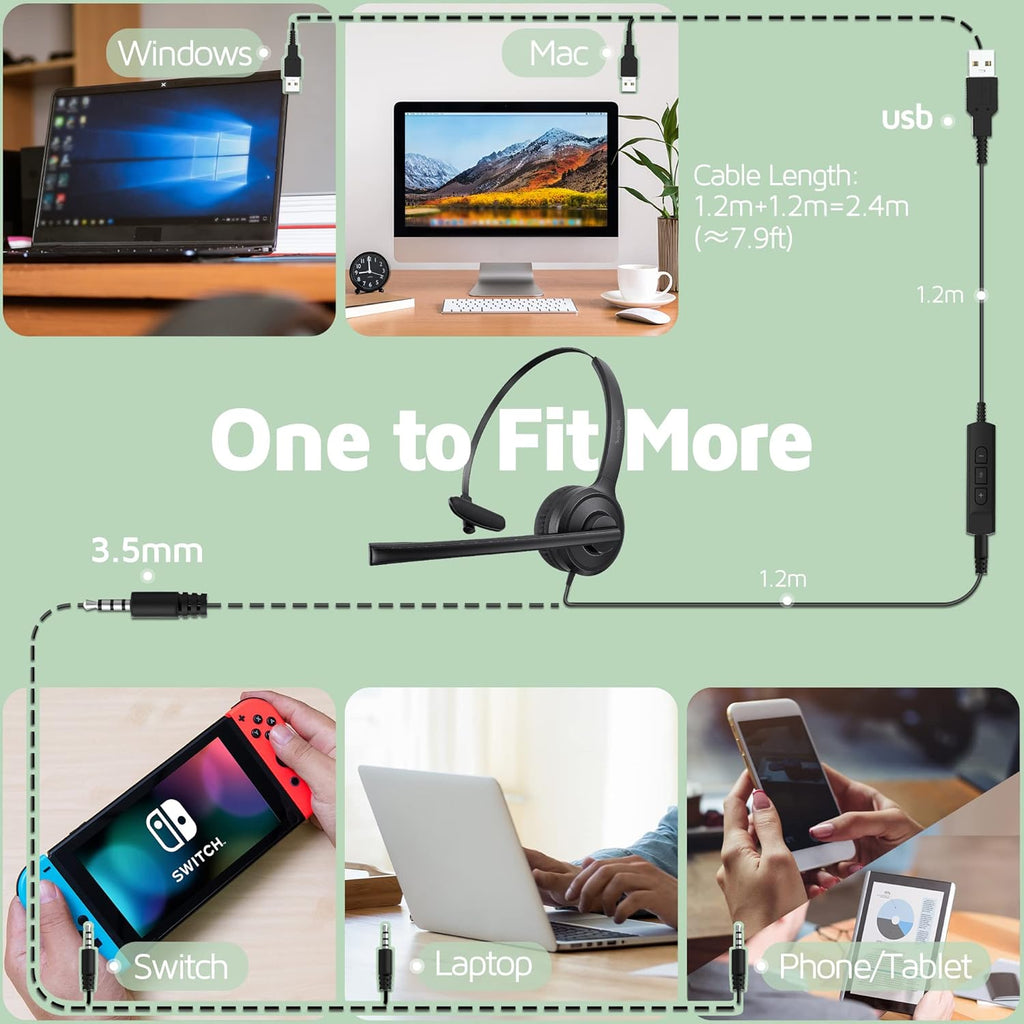 USB Headset with Microphone, Noise Cancelling Mic, On-Ear, Pack of 2 N163