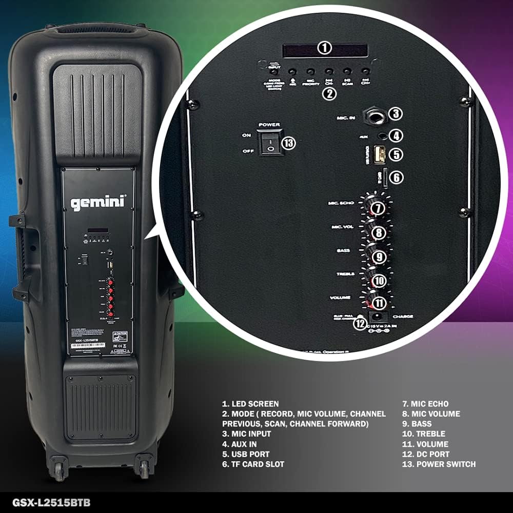 Wireless Rechargeable Portable Bluetooth LED PA System Speaker with 15 Inch Woofers and Karaoke Microphone L2222