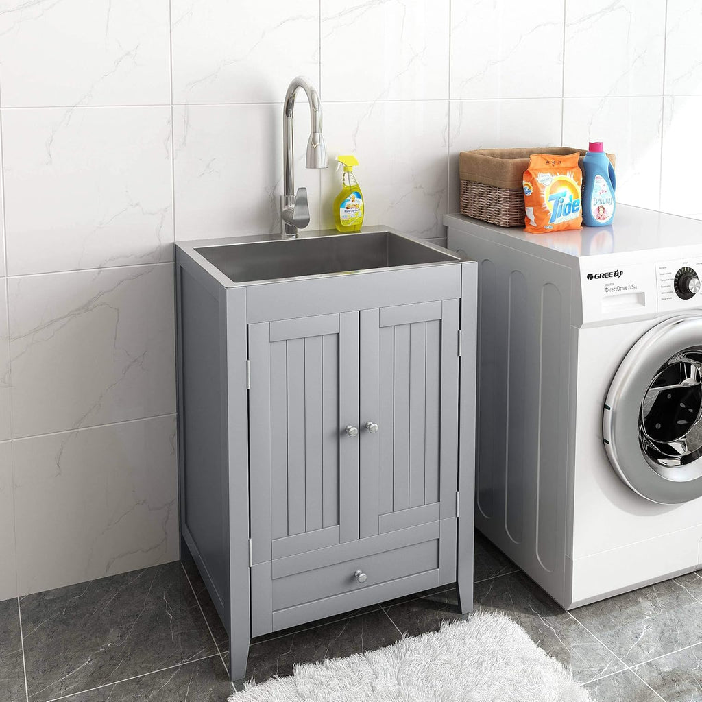 24-Inch Laundry Cabinet with Sink Grey Cabinet with Drawer Stainless Steel Sink Faucet Combo C73880