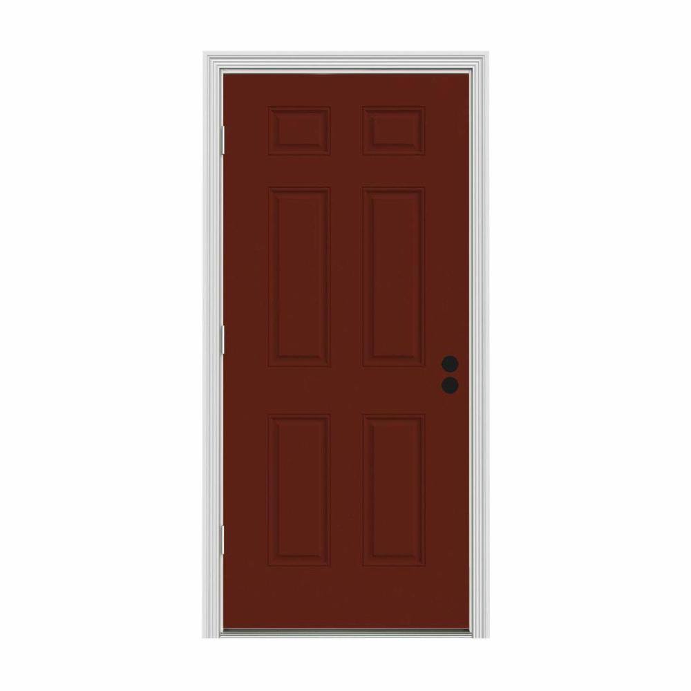 32 in. x 80 in. 6-Panel Red Painted Steel Prehung Right-Hand Outswing Front Door with Brickmould B80219
