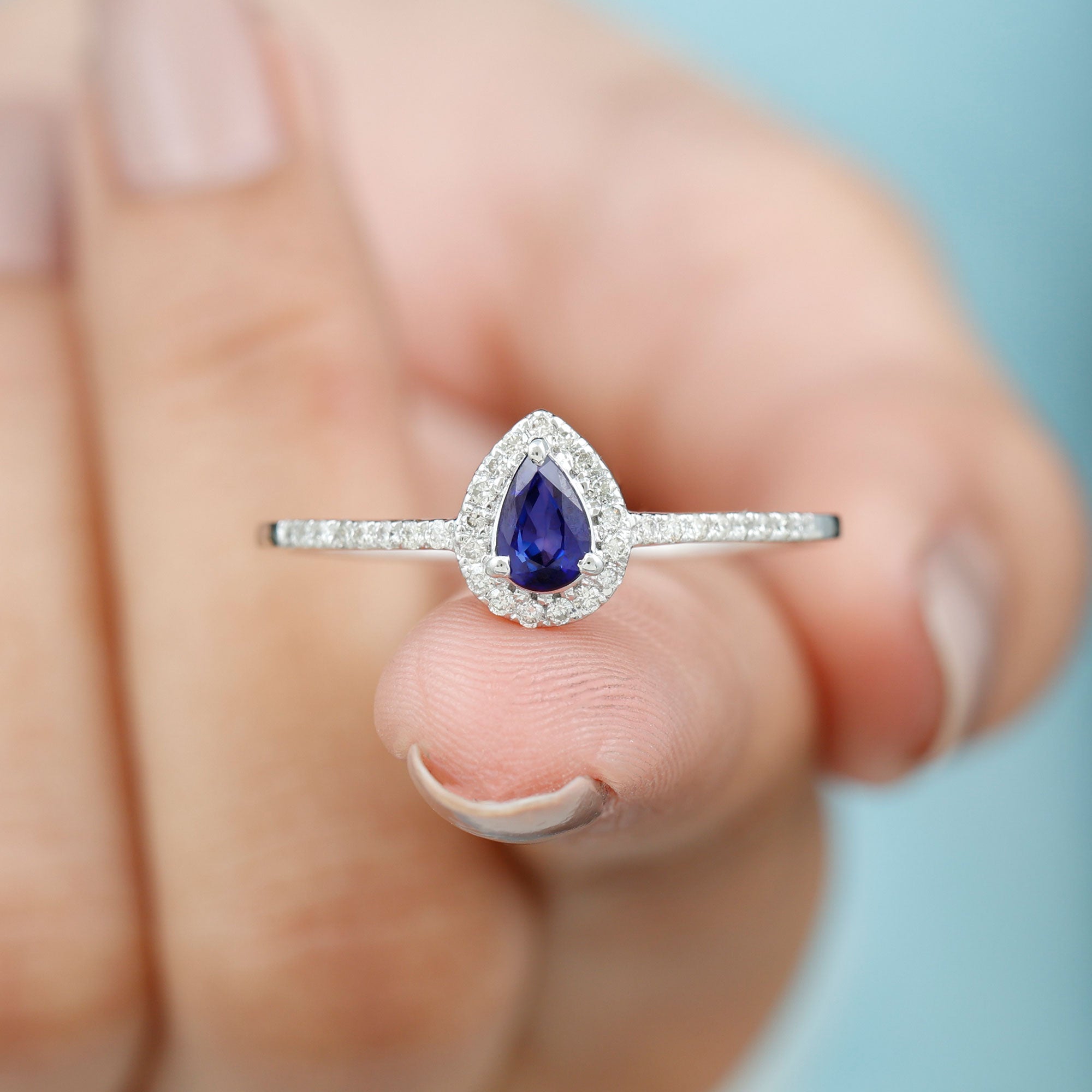 Pear Cut Blue Sapphire Teardrop Ring with Diamond Halo, 925 Sterling Silver, US 8.00 E38289