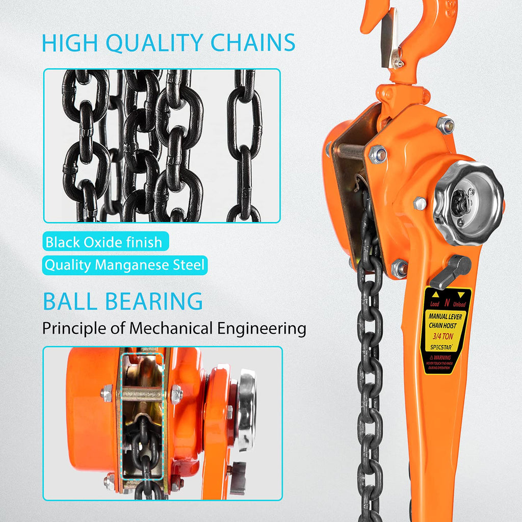 Lever Chain Hoist 1-1/2 Ton Capacity 10 Feet with 2 Hooks F7649