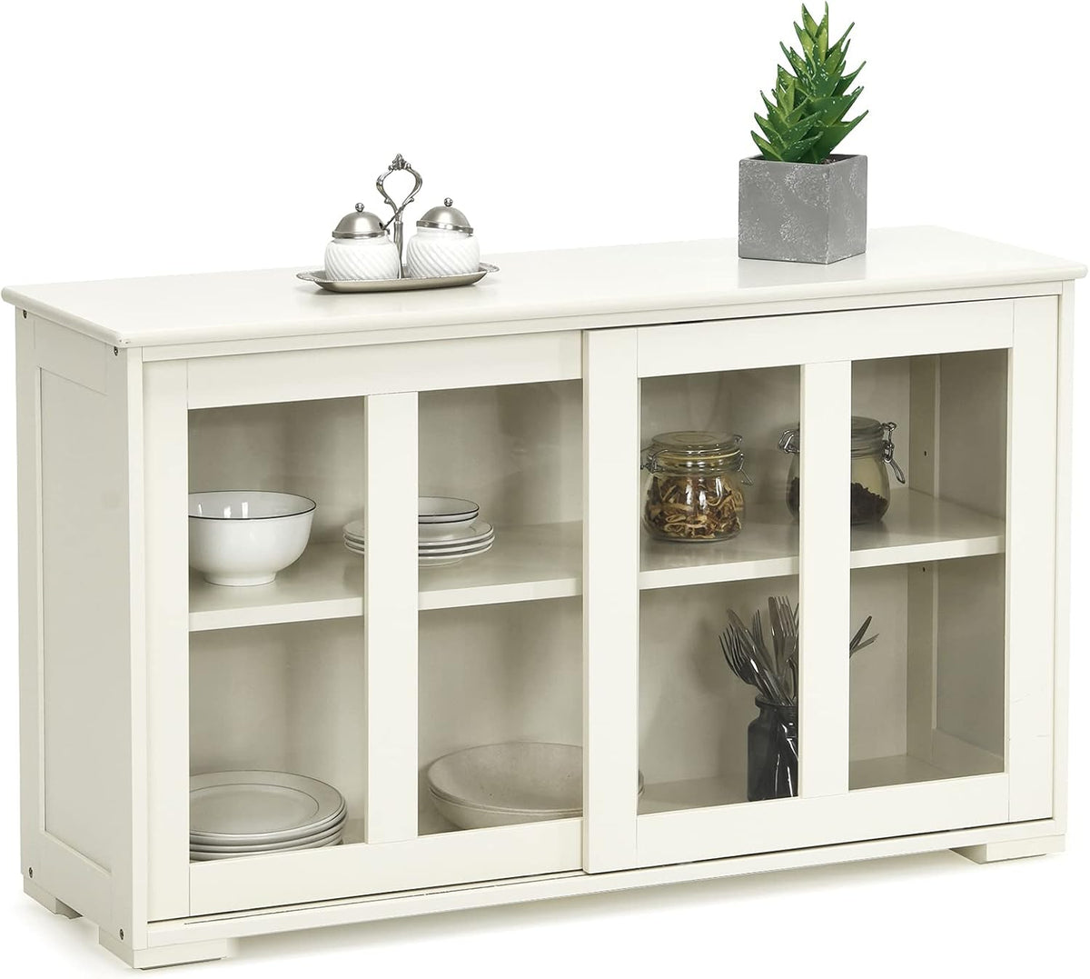 Brown Double-Layer Sliding Slat Door Storage Cabinet K64881