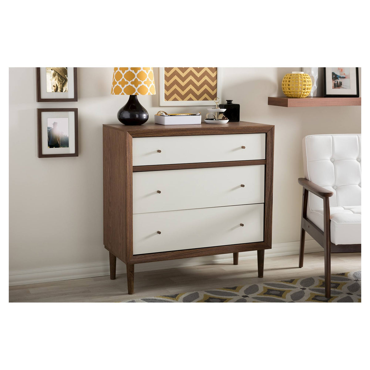 White and Walnut Wood 3-Drawer Chest K7886