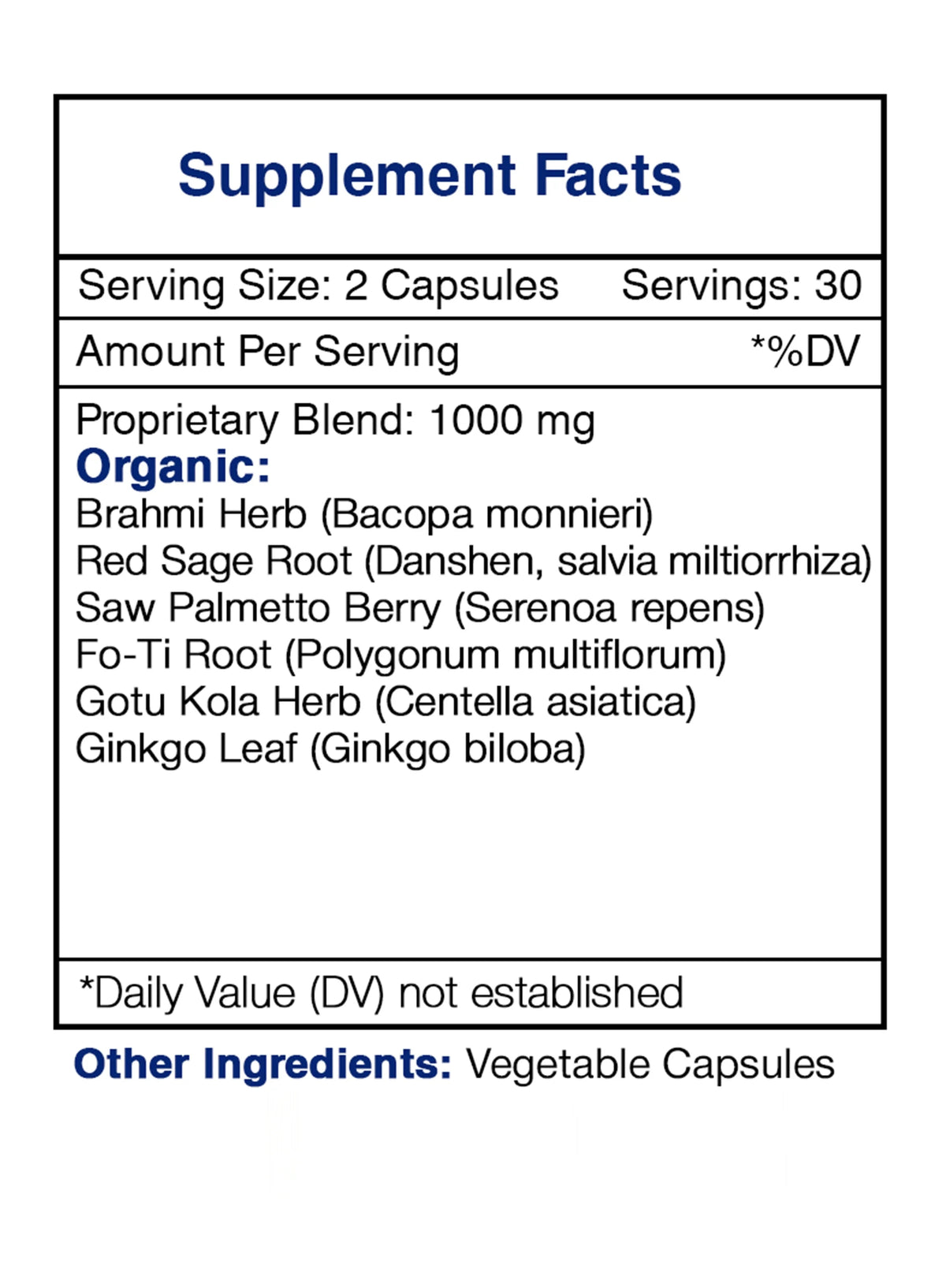 60 Capsules Brahmi Red Sage Saw Palmetto Fo-Ti Root Gotu Kola Ginkgo I3788