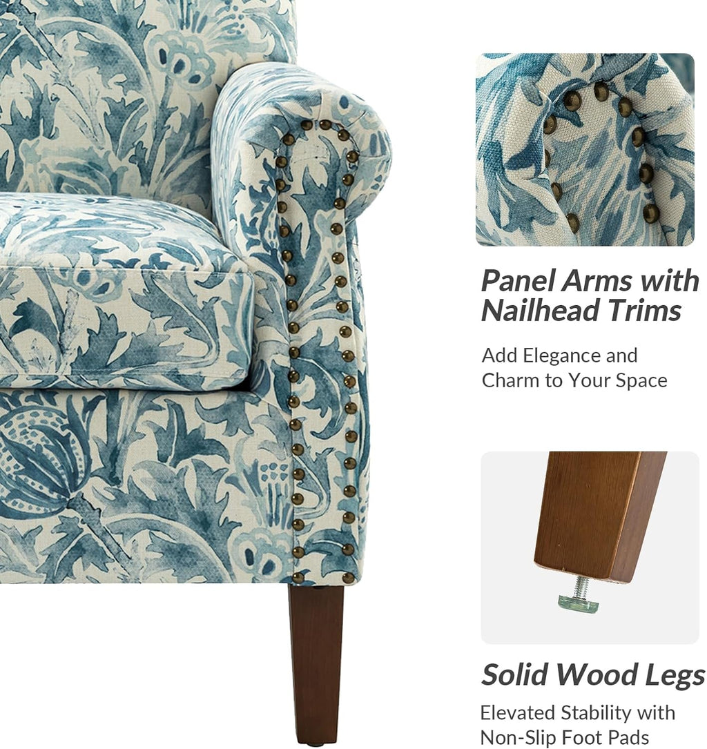 Accent Chair With Wood Legs & Removable Cushion, Floral Design Single Sofa I342