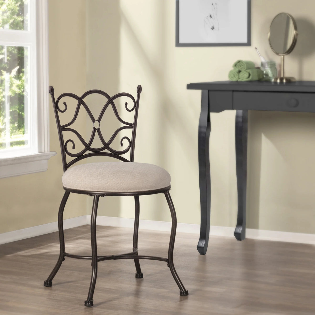 Rubbed Gray Metal Vanity Stool M412