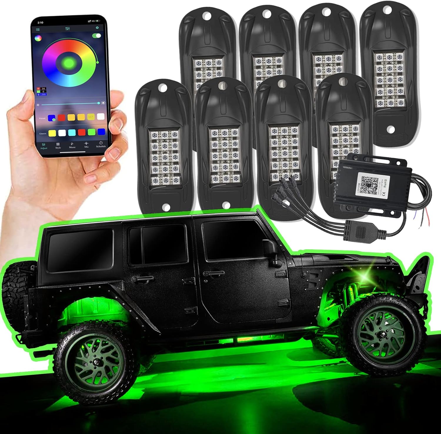 6 Pods RGB LED Rock Lights with Bluetooth, Waterproof for Car Z243772