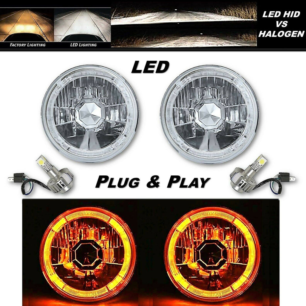 Amber LED Halo Angel Eye Crystal Clear Headlight Pair S413