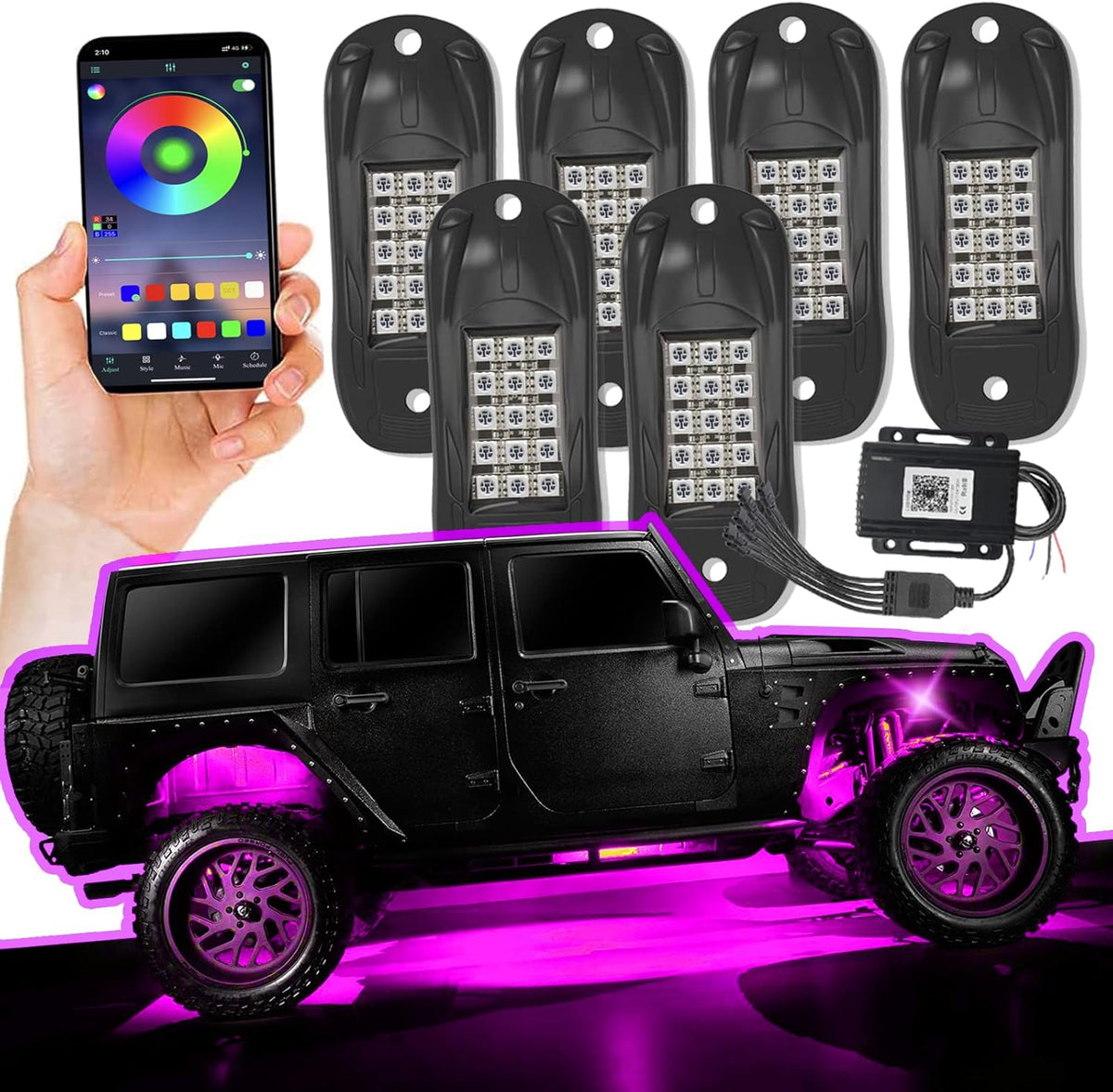 6 Pods RGB LED Rock Lights with Bluetooth, Waterproof for Car Z243772