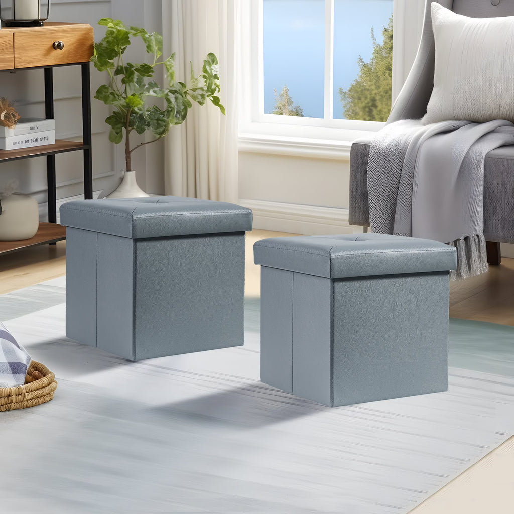Gray Faux Leather Folding Storage Ottoman Bench, Set of 2 Q591