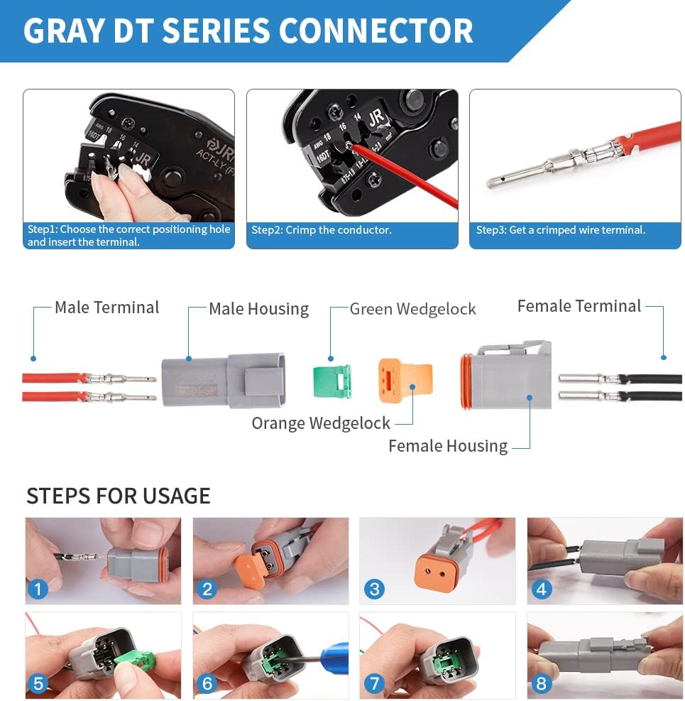 DEUTSCH DT Connector Kit, 12 Sets 2 Pin Connector, 132 Sets Size 16 Stamped Formed Contacts, Wedgelock & Pin Extraction Tools N34815