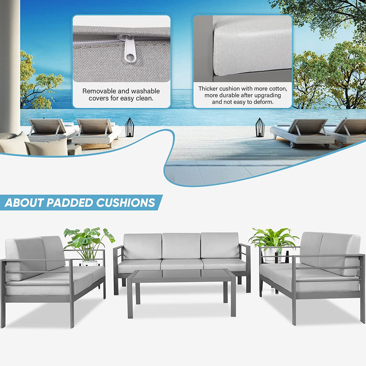 Metal Sectional Sofa with Cushions and Coffee Table（ 4 Pieces） T84819