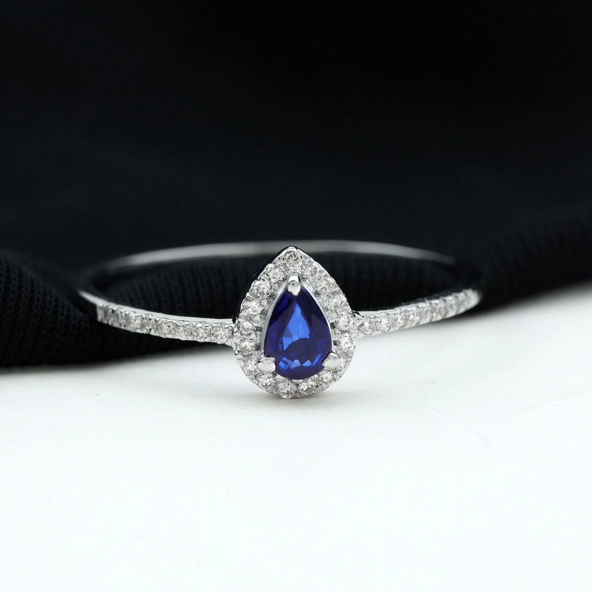 Pear Cut Blue Sapphire Teardrop Ring with Diamond Halo, 925 Sterling Silver, US 8.00 E38289
