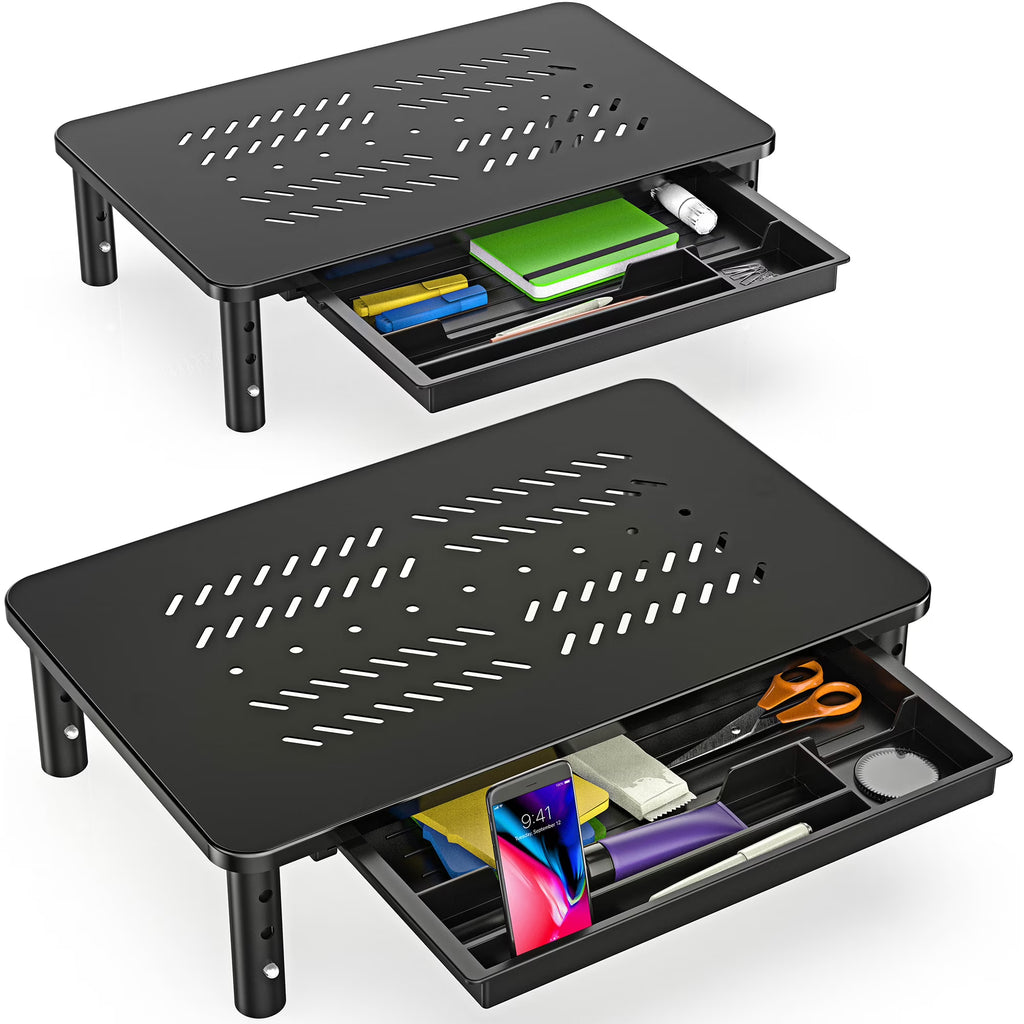 Black Metal Dual Monitor Stand with Drawer 2PK P90950