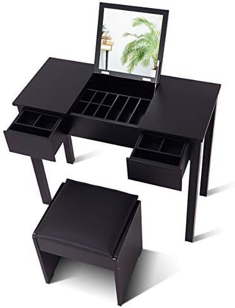 Black Vanity Set with Flip Top Mirror and Cushioned Stool Z708