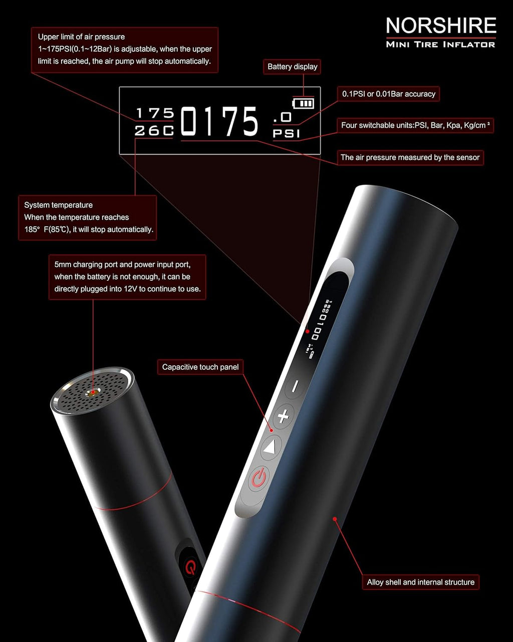 Portable Air Compressor Tire Inflator with 2000mAh Battery T971