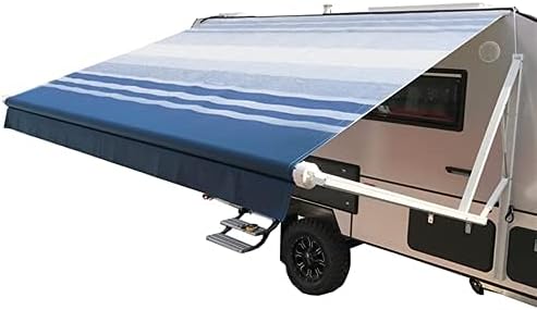 Motorized Retractable RV Trailer Awning 10x8 Ft Blue Stripes Y984091