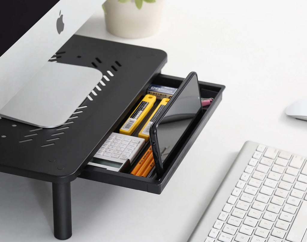 Black Metal Dual Monitor Stand with Drawer 2PK P90950