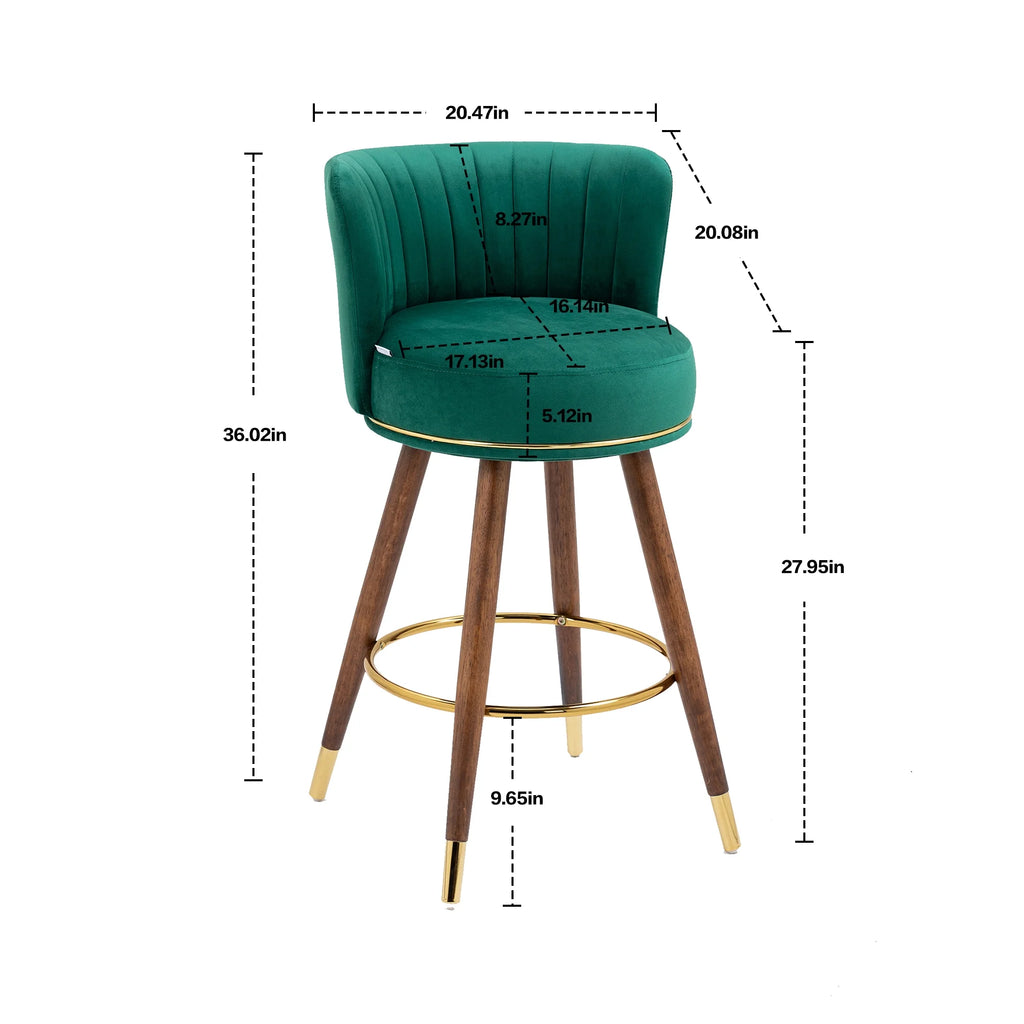 Emerald Velvet Swivel Bar Stools Set of 2 with Back Wood Legs Footrest Counter Height Armless Tall Stool N99234
