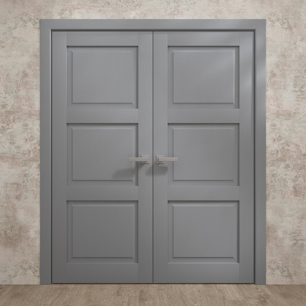 Solid French Double Doors 36 x 80 inches Painted Grey Oak Wood F630837