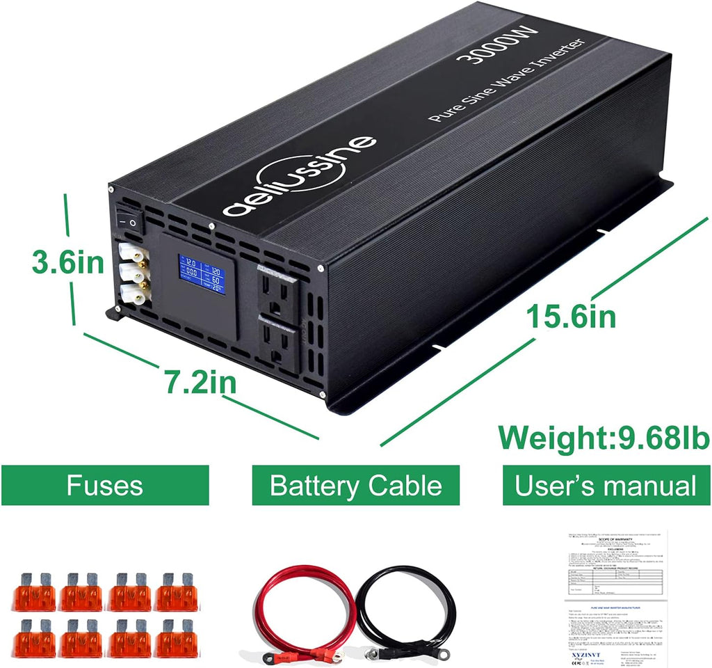 3000w Pure Sine Wave Power Inverter 12v DC to AC 110v 120v with 2 US Socket Hardwire Terminal LCD Display T8979