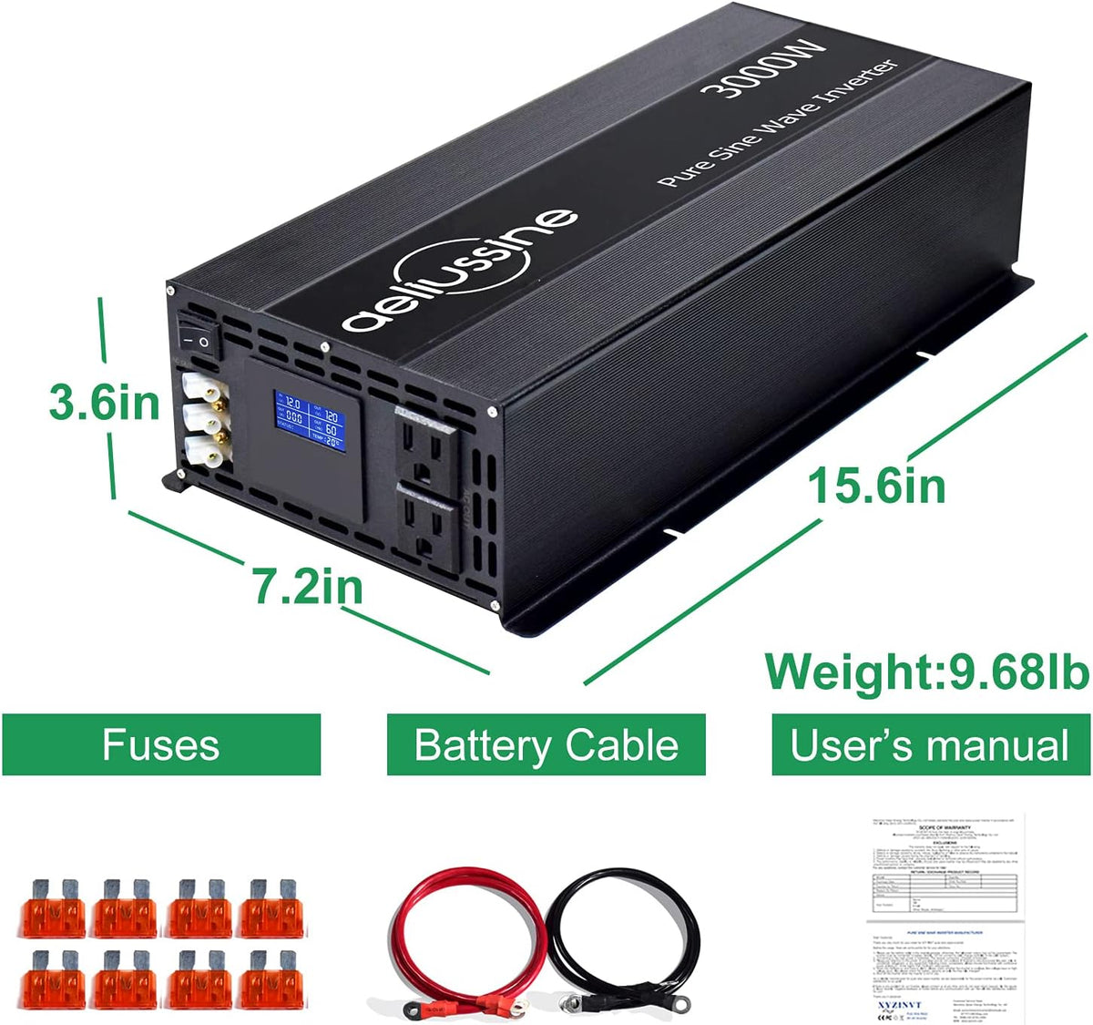 3000w Pure Sine Wave Power Inverter 12v DC to AC 110v 120v with 2 US Socket Hardwire Terminal LCD Display T8979